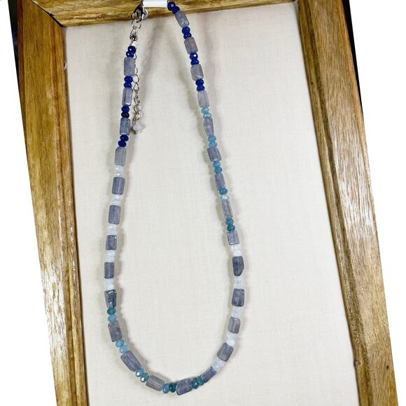 New, Gemstone Necklace, Blue & Gray, Iolite & rainbow agate, 16.75”, colorful - Picture 1 of 1